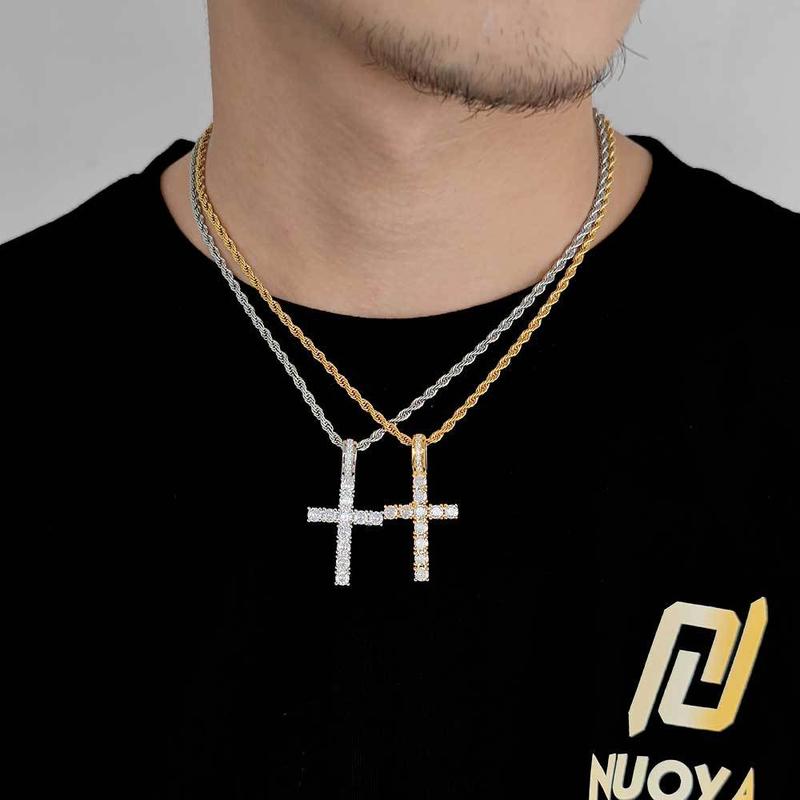 3MM Cross Necklace with Plain Chain, Artificial Zircon Decor, Matching Dainty Jewelry for Women & Men, Fashion Jewelry for Party & Daily Decor Pendant