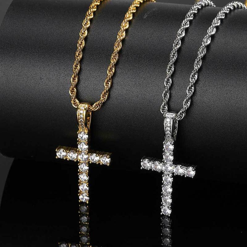 3MM Cross Necklace with Plain Chain, Artificial Zircon Decor, Matching Dainty Jewelry for Women & Men, Fashion Jewelry for Party & Daily Decor Pendant