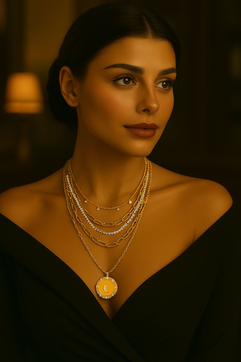 5 Layer Chain Crystal Moon Medallion Necklace