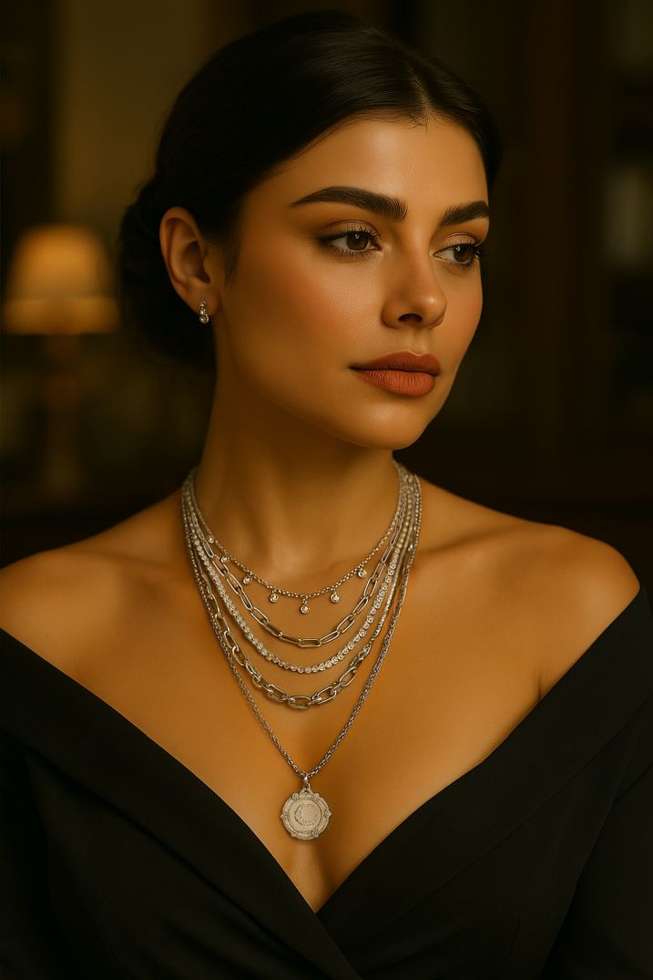 5 Layer Chain Crystal Moon Medallion Necklace