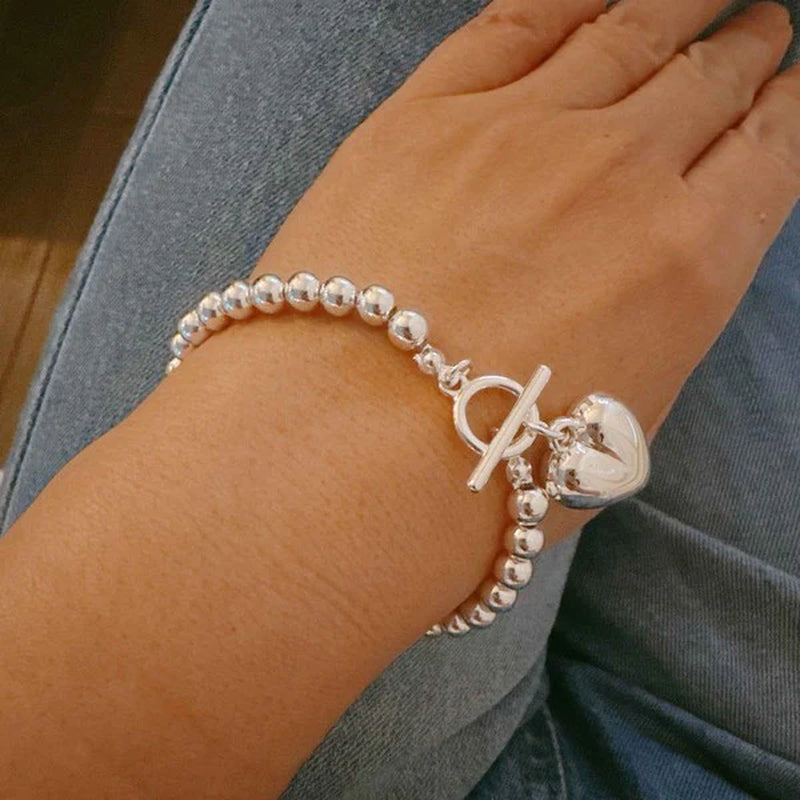 Ball Beads Dangle Heart Toggle Bracelet