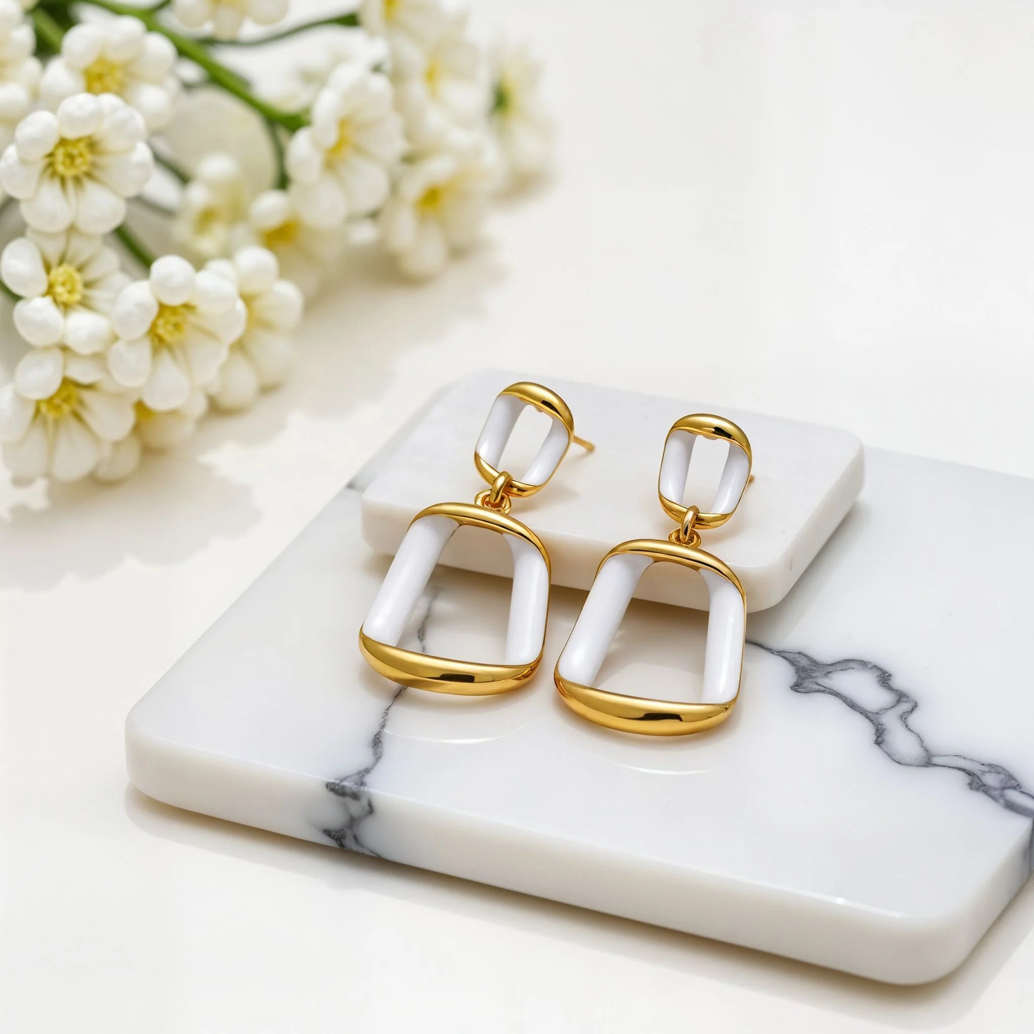 Geometric Poetry White Enamel Drop Earrings