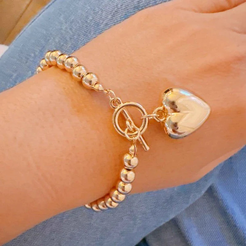 Ball Beads Dangle Heart Toggle Bracelet