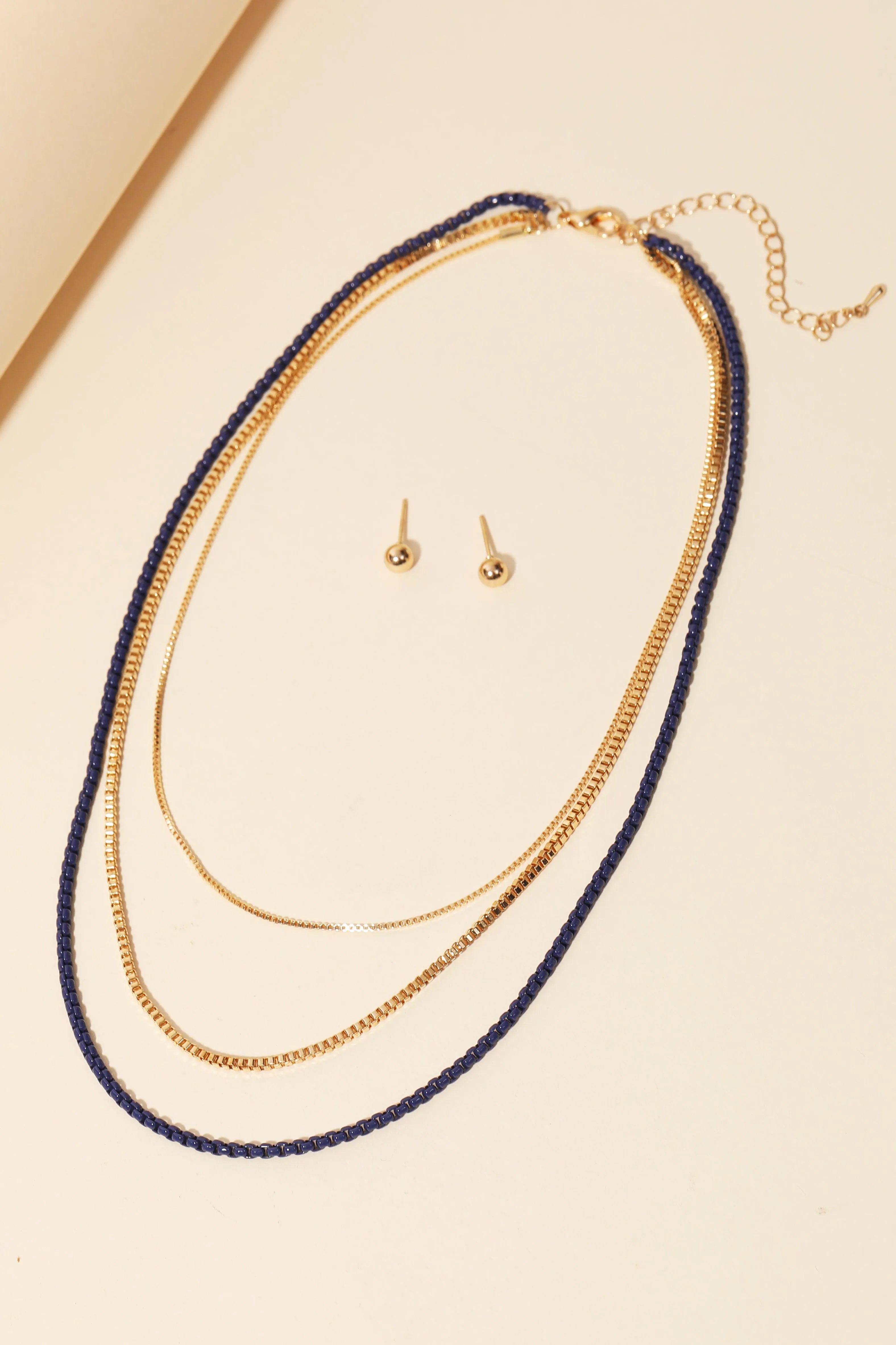 Layered Chain Necklace Small Ball Earring Set
