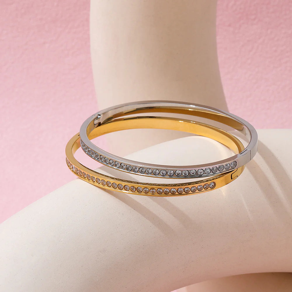 Zirconia Bangle Bracelet - Silver & Gold Plated